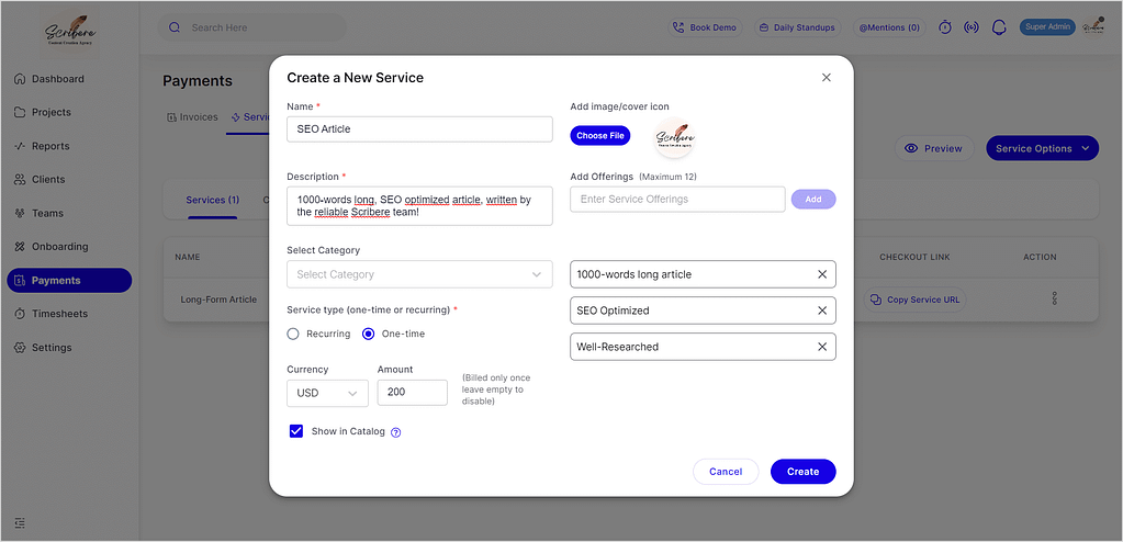 Creating a new service in ClientVenue