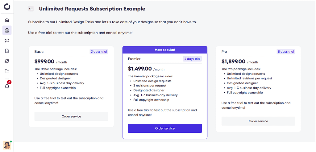 Zendo's Order Page for a subscription-based service