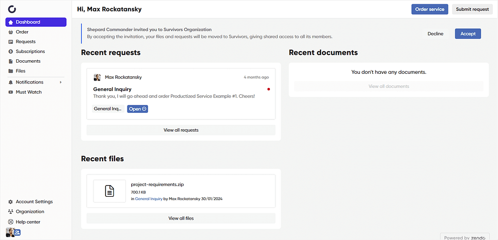 Example client dashboard in Zendo's client portal