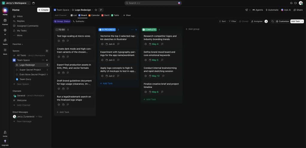 A board view in Clickup.