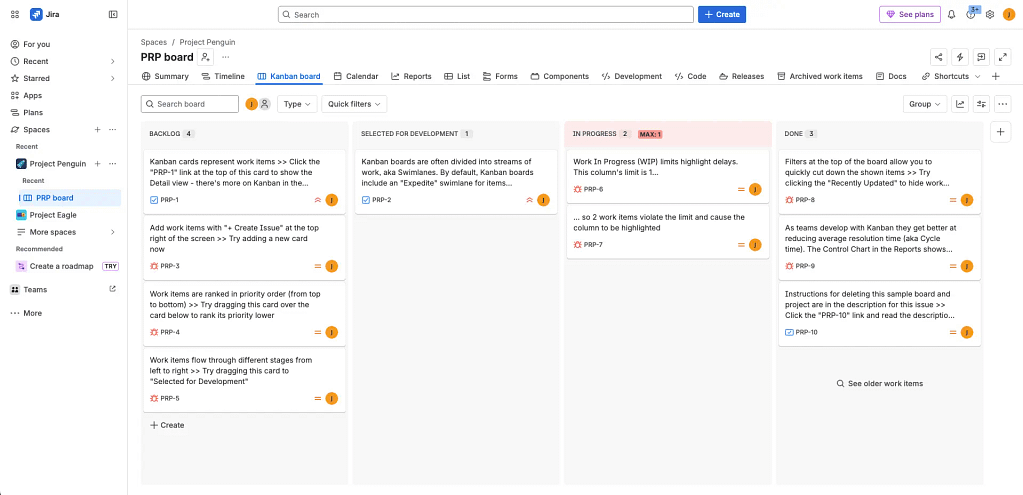 A Kanban view of a project in Jira.