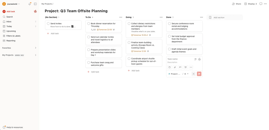 A Kanban board view of a project in Todoist.