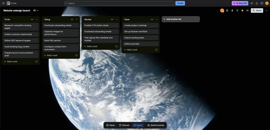 Screenshot of a Kanban board in Trello.