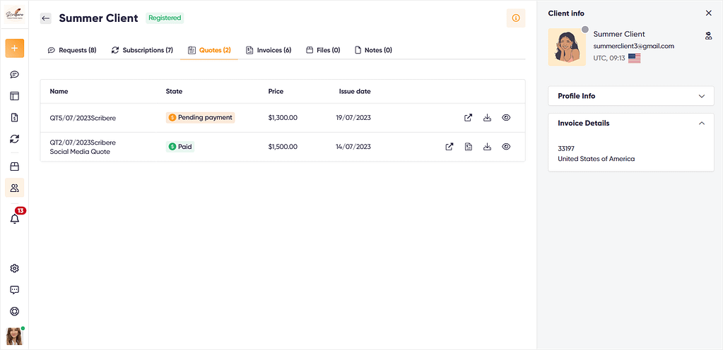 Customer profile example in Zendo