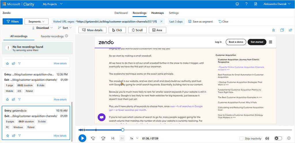 Microsoft Clarity session recordings