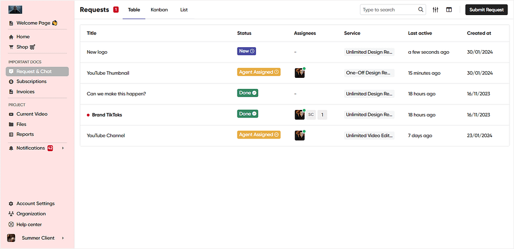 Viewing client requests in a table — Zendo