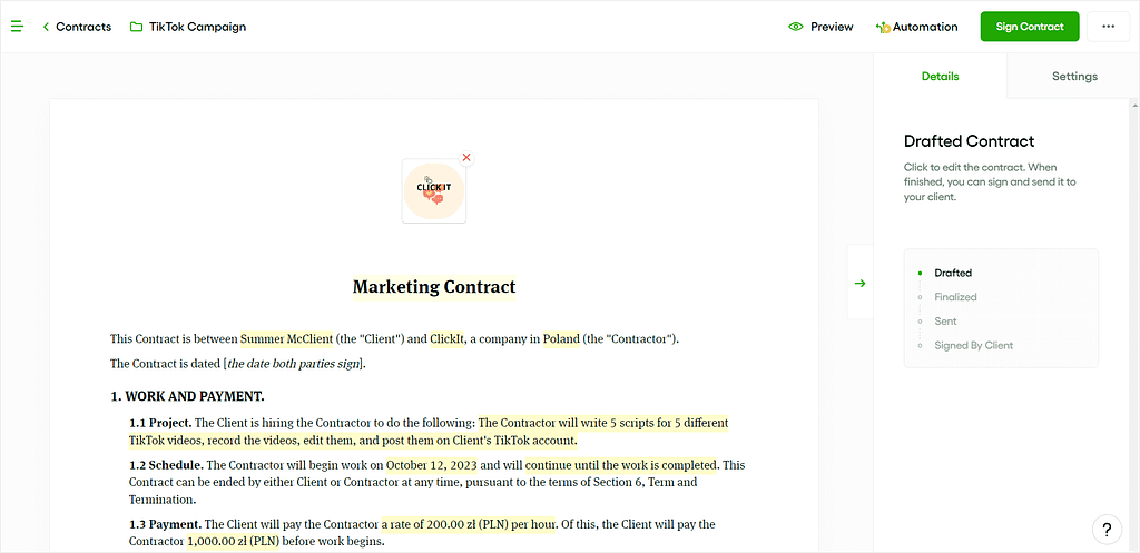 Bonsai vs Dubsado in contract management: Bonsai's contract progress pipeline