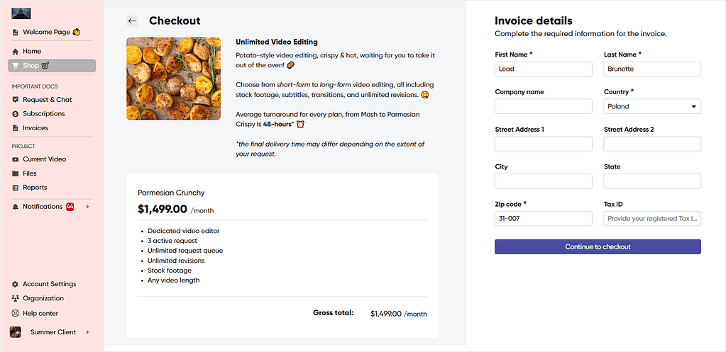 Example checkout page created in Zendo