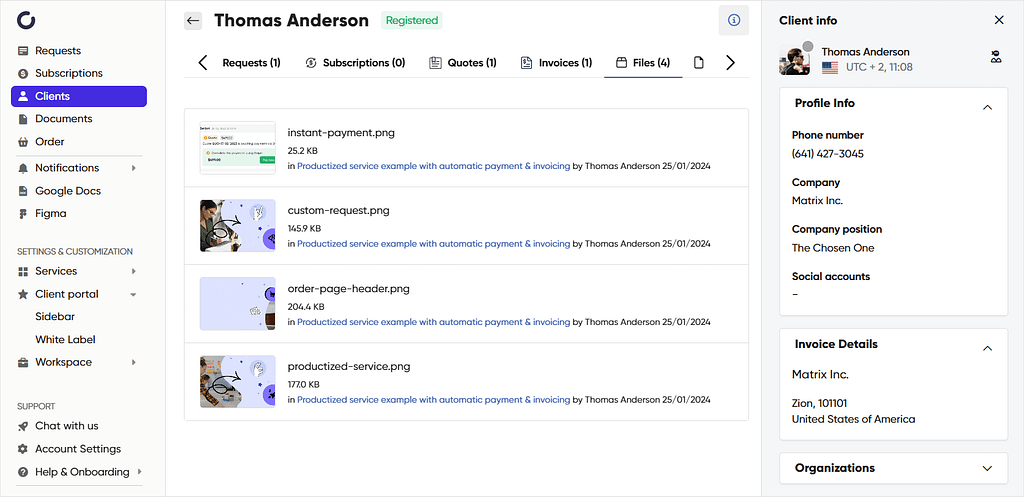 Screenshot of Zendo's Client Profile.