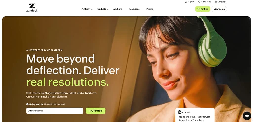 The homepage of Zendesk.