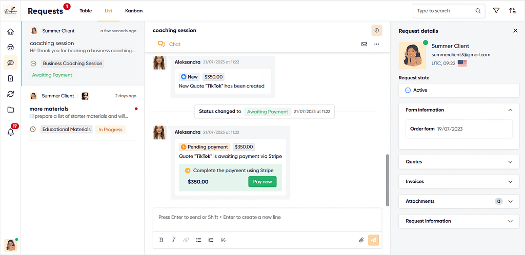 Zendo's in-chat payments from a client's perspective