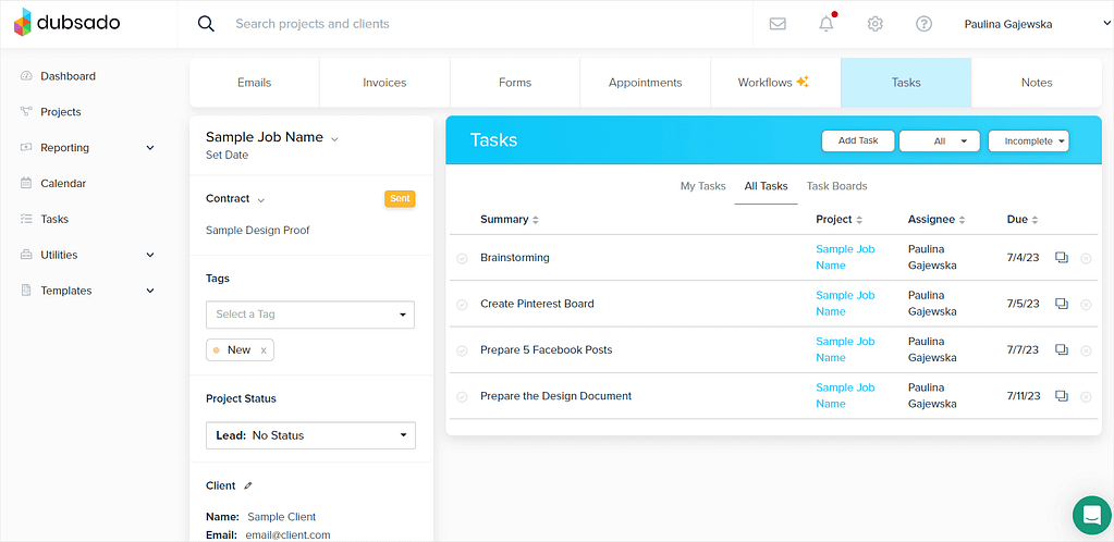 Screenshot of Dubsado's project page.