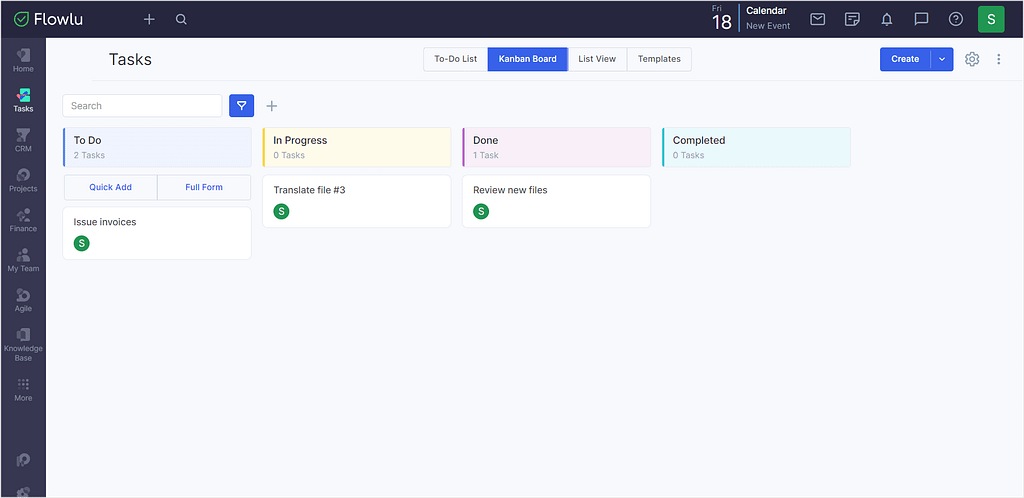 Task management in Flowlu with a kanban view