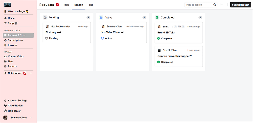 Overviewing client requests via Zendo's client portal in a Kanban mode