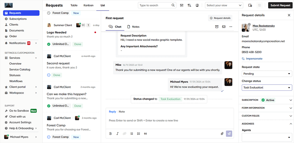 Screenshot of Zendo's request and chat.