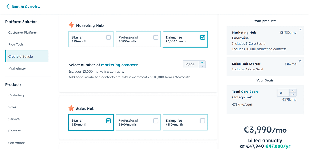 Dubsado vs HubSpot: screenshot of HubSpot's convoluted pricing page.