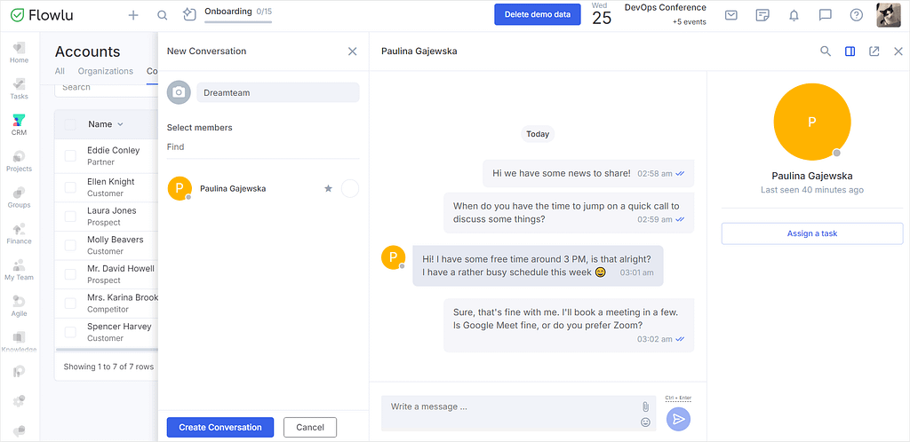 Plutio vs Flowlu: screenshot of Flowlu's messages.