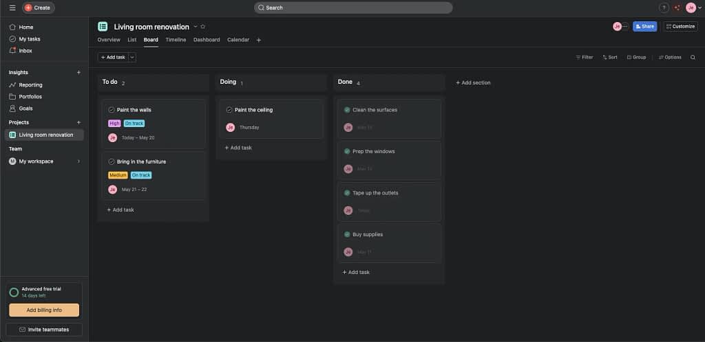 A Kanban view in Asana