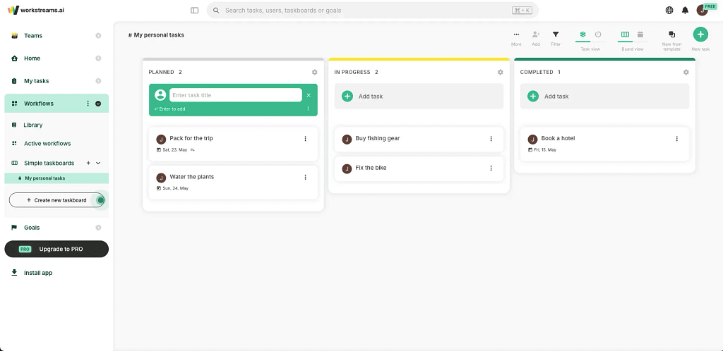 A Kanban board in workstreams.ai.