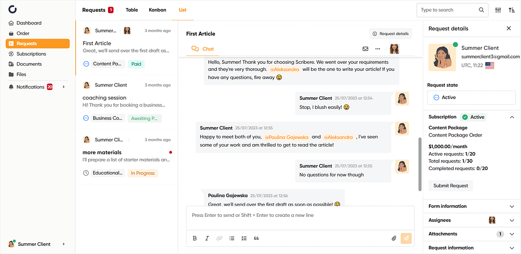 Zendo's real-time chat: client's view