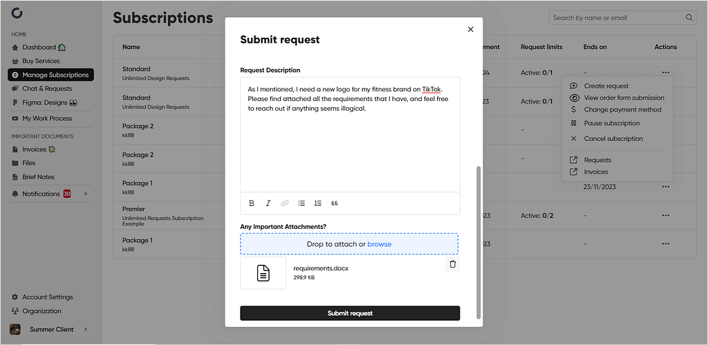 Submitting a subscription request through Zendo