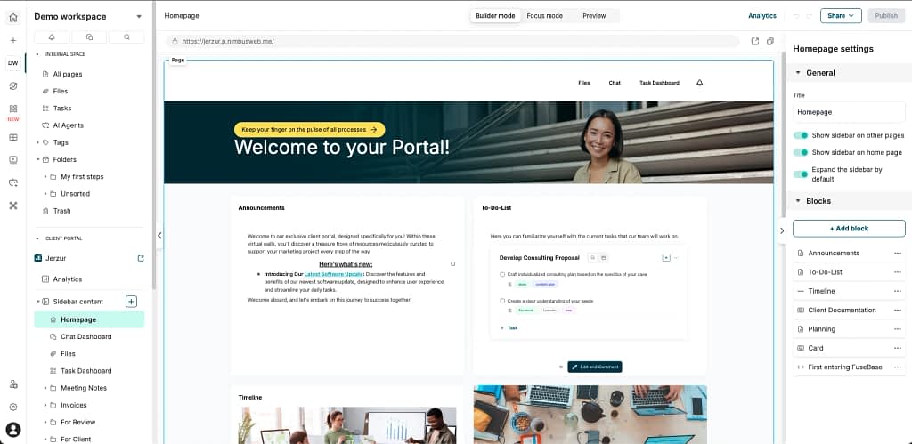 Client portal builder in FuseBase