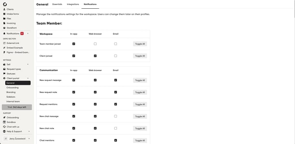 Notifications settings in Zendo's client portal.