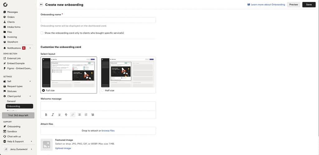 Onboarding settings in Zendo's client portal.