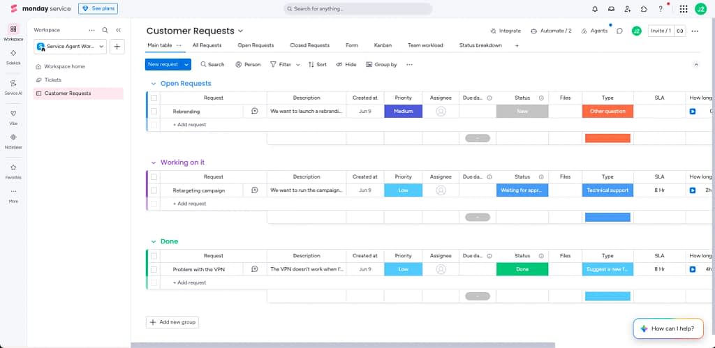 Customer requests in monday.com