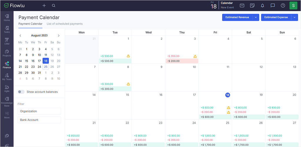 Flowlu vs Agiled: finances - payment calendar in Flowlu