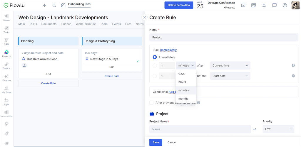 Plutio vs Flowlu: screenshot of Flowlu's rules.