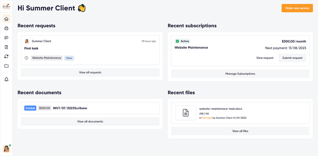 Client's dashboard in Zendo presenting client's recent activity, including requests, subscriptions, quotes & invoices, and shared files