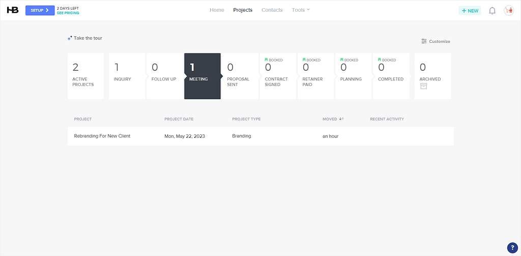 Project pipeline in HoneyBook