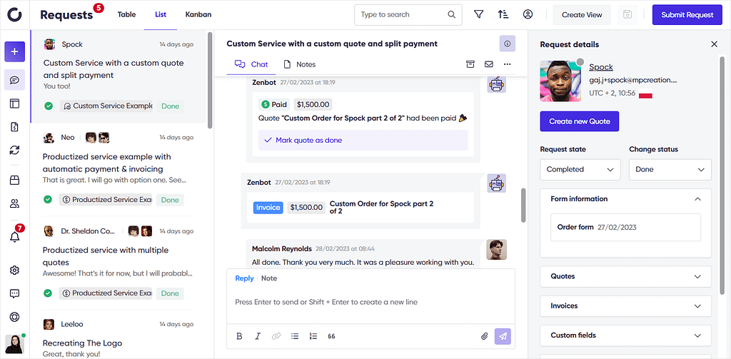 Screenshot of Zendo's chat & request.