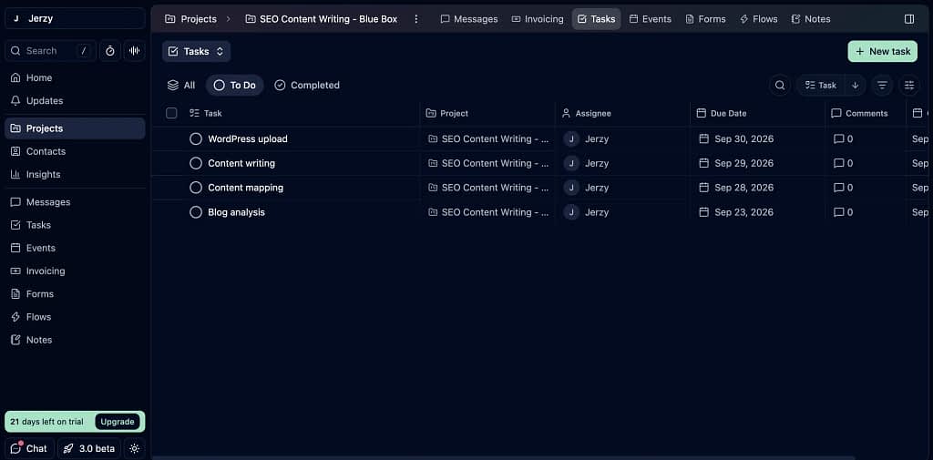A screenshot from Dubsado 3.0 beta, showing a list of tasks in the "Projects" tab.