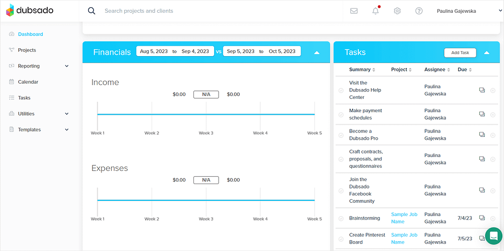 Screenshot of Dubsado's dashboard.