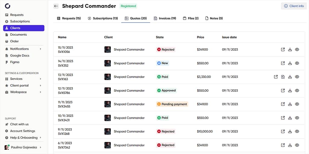 Screenshot of Zendo's Client Profile.