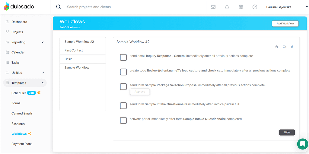 Screenshot of Dubsado's dashboard.