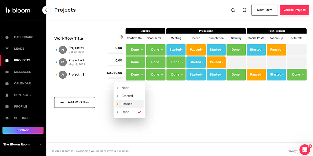 Screenshot of Bloom's dashboard.