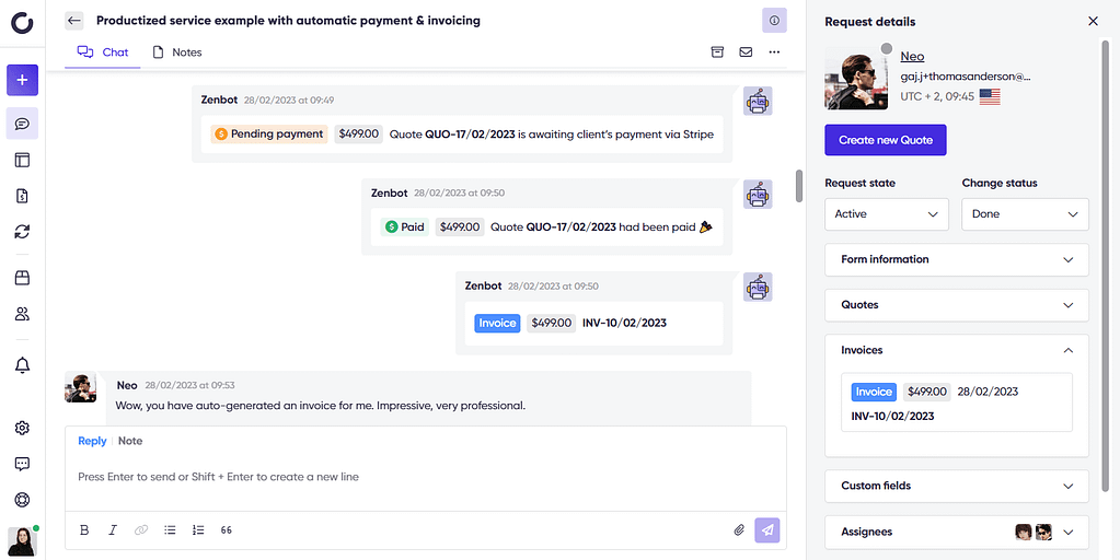 Screenshot of Zendo's conversation thread in chat.