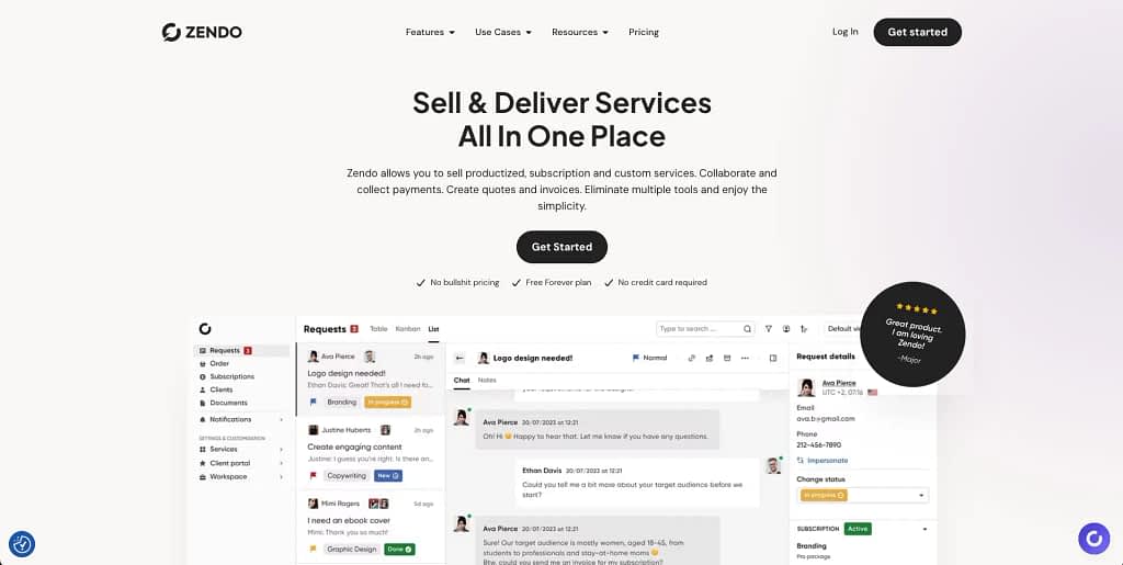 Zendo's homepage showing the requests, chat with a customer, and request details in one window.
