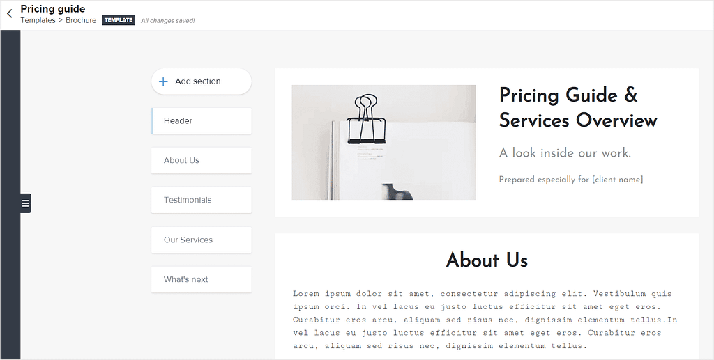 Screenshot of HoneyBook's template customization page.