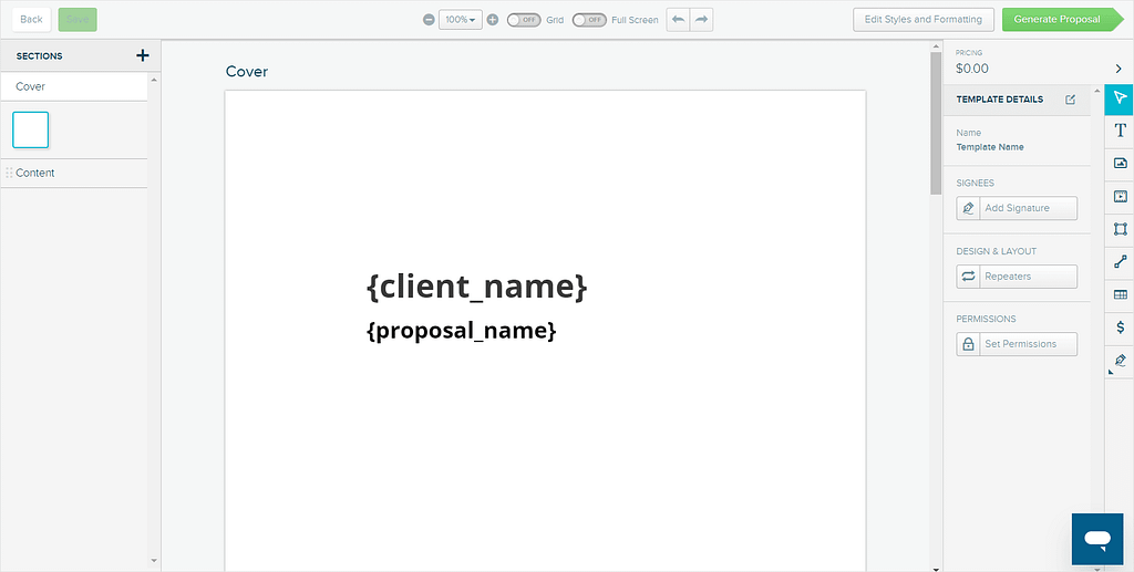 Screenshot of Proposify's proposal template editor.