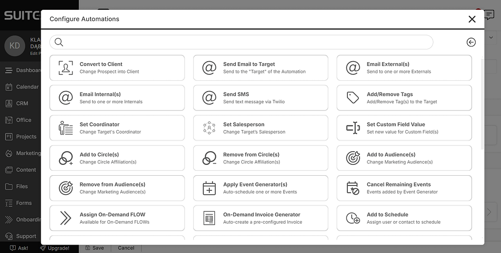 SuiteDash vs Dubsado: screenshot of SuiteDash's automation options