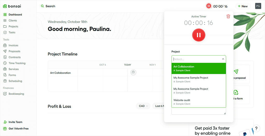 Screenshot of Bonsai's dashboard.