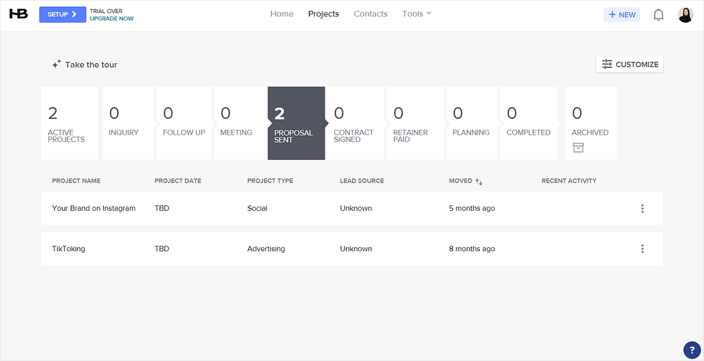 Screenshot of HoneyBook's pipeline.