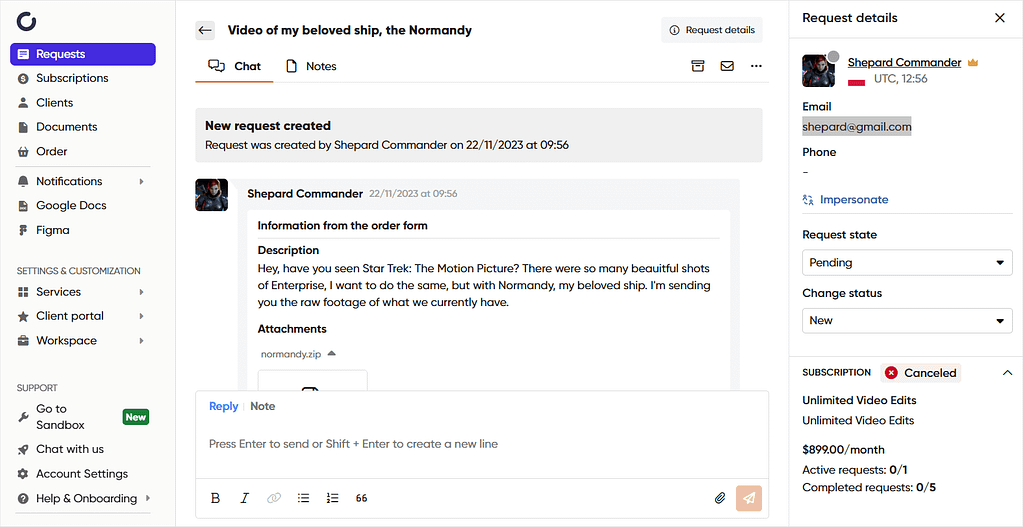 Screenshot of Zendo's request with chat.