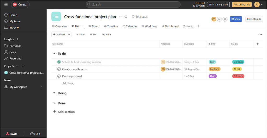 Screenshot of Asana's dashboard.