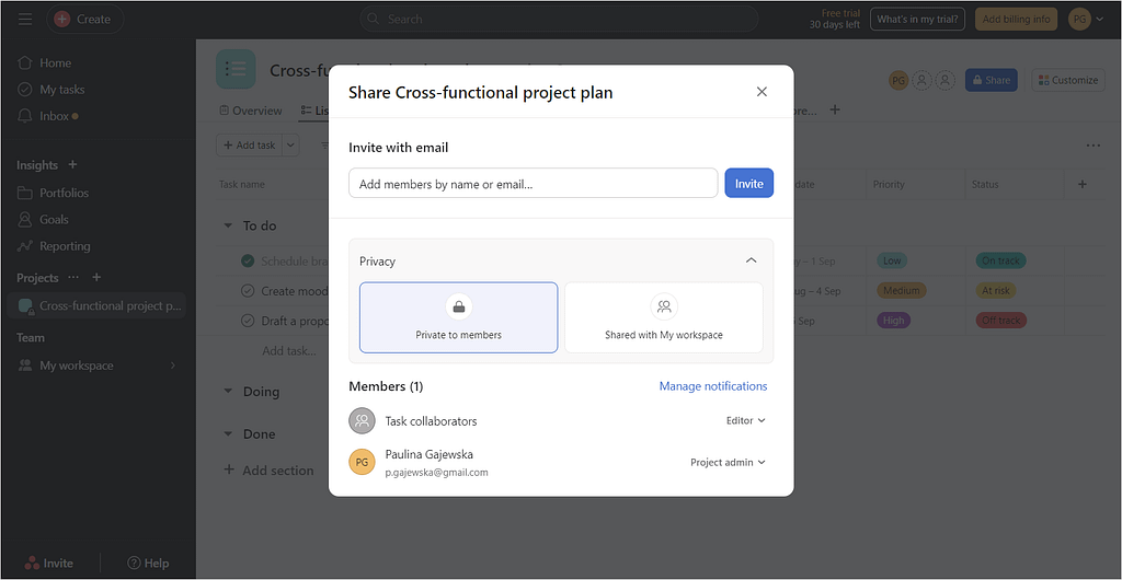 Screenshot of Asana's sharing options.