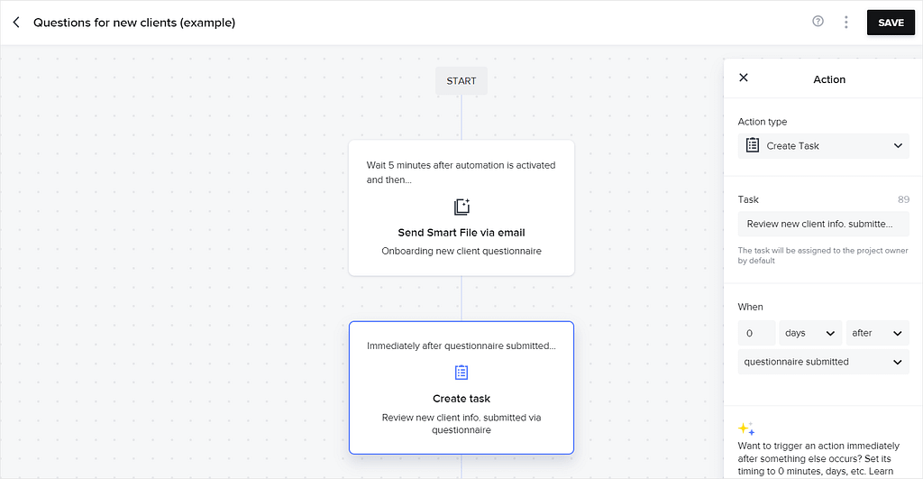 Screenshot of HoneyBook's automation editor.